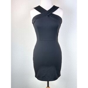 LOVE Black Bodycon Mini Dress Cross Back Halter LBD Club Party S Minimalist